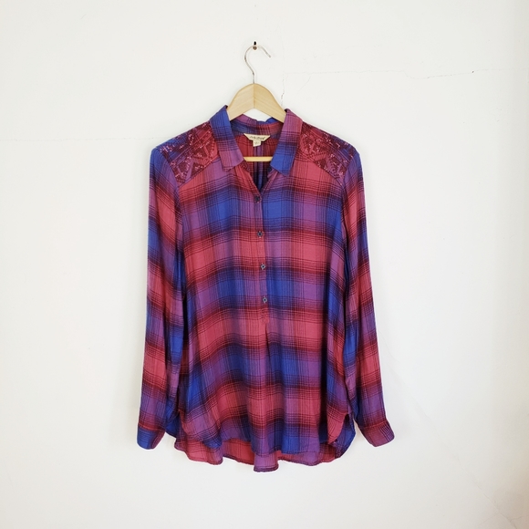 Lucky Brand Sequin Embroidered Shoulder Flannel Lg - Picture 2 of 10